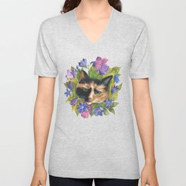 Calico Flower Cat V Neck T Shirt