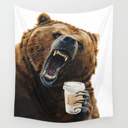 " Grizzly Mornings " give that bear some coffee Wall Tapestry