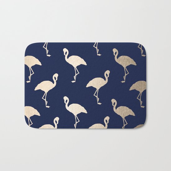 Gold Flamingo Pattern Navy Blue Bath Mat