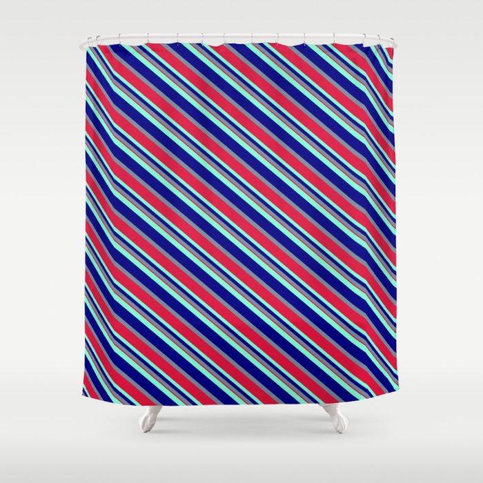 Aquamarine, Blue, Light Slate Gray & Crimson Colored Lines/Stripes Pattern Shower Curtain