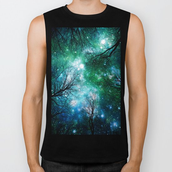 Black Trees Teal Green Space Biker Tank
