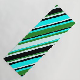 [ Thumbnail: Aqua, Forest Green, Light Cyan, and Black Colored Lines/Stripes Pattern Yoga Mat ]