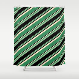 [ Thumbnail: Bisque, Sea Green, Dark Sea Green, and Black Colored Lined Pattern Shower Curtain ]