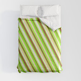 [ Thumbnail: Colorful Green, Tan, Mint Cream, Light Green & Sienna Colored Lines/Stripes Pattern Comforter ]