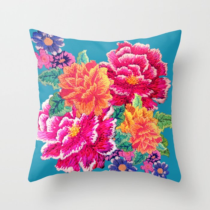 Oriental Peony Embroidery Throw Pillow by Printy Bazaar Society6