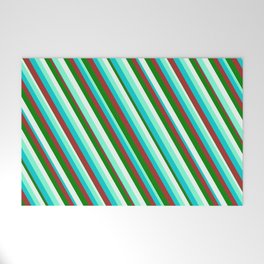 [ Thumbnail: Eyecatching Aquamarine, Dark Turquoise, Brown, Green, and Mint Cream Colored Pattern of Stripes Welcome Mat ]