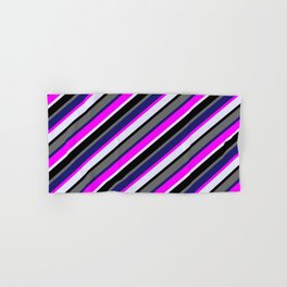 [ Thumbnail: Colorful Fuchsia, Lavender, Black, Dim Grey & Midnight Blue Colored Stripes/Lines Pattern Hand & Bath Towel ]