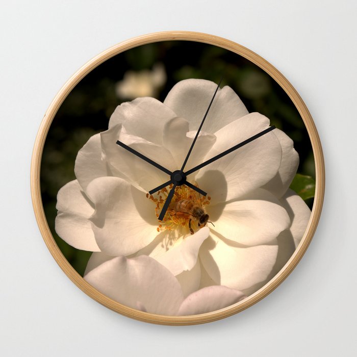 Honeybee on White Rose Wall Clock