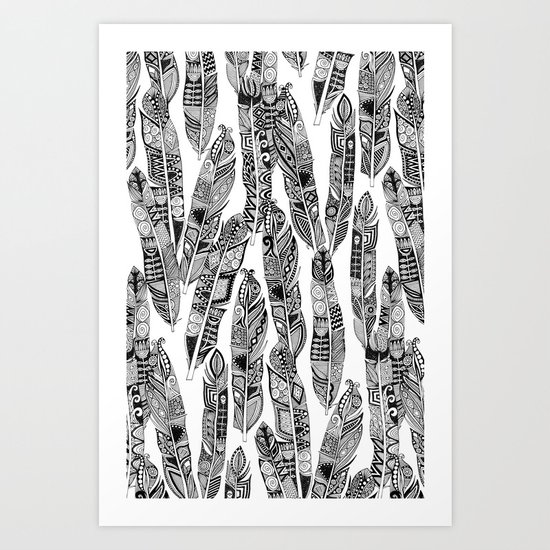 geo feathers black white Art Print
