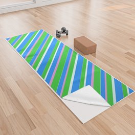 [ Thumbnail: Lime Green, Plum, Blue & Light Cyan Colored Pattern of Stripes Yoga Towel ]