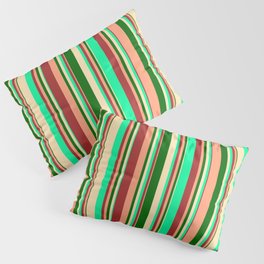 [ Thumbnail: Eye-catching Brown, Green, Beige, Dark Green & Light Salmon Colored Lined/Striped Pattern Pillow Sham ]
