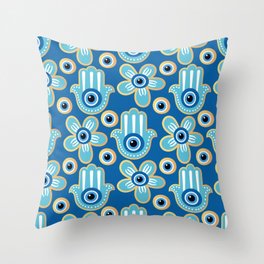 Hamsa Hand & Evil Eye Floral Pattern - Blue Throw Pillow