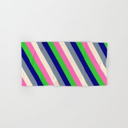 [ Thumbnail: Eyecatching Light Slate Gray, Beige, Hot Pink, Lime Green & Blue Colored Lined Pattern Hand & Bath Towel ]