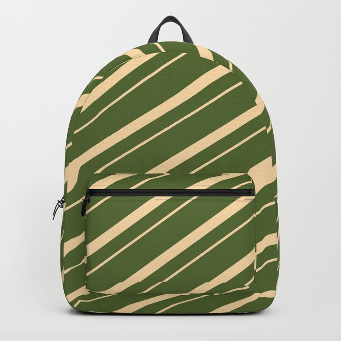 Dark Olive Green & Tan Colored Lined/Striped Pattern Backpack