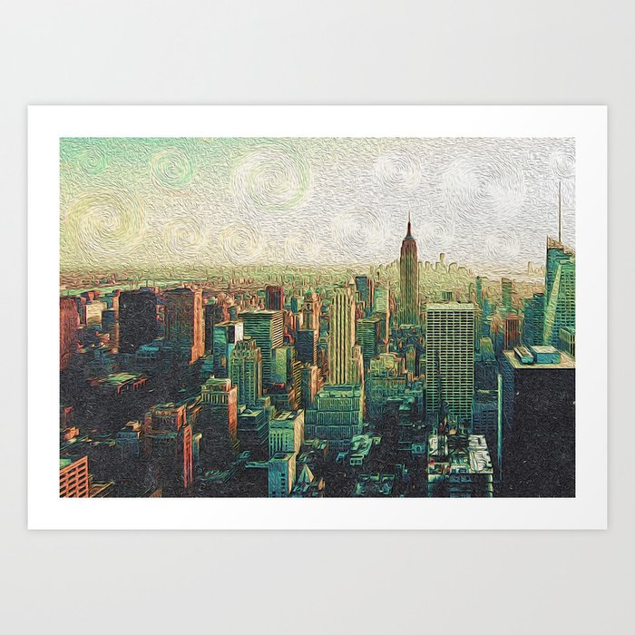 New York City Skyline Vang Gogh Style Oil Painting Art Print By