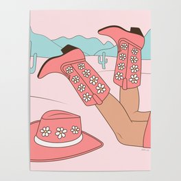 Cute Desert Cowgirl Pink Cowboy Boots Daisy Poster