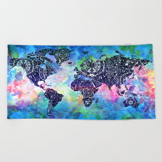 world map mandala watercolor Beach Towel