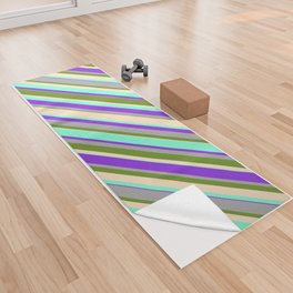 [ Thumbnail: Green, Bisque, Aquamarine, Purple & Dark Gray Colored Stripes Pattern Yoga Towel ]