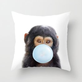 Baby Monkey Blowing Blue Bubble Gum, Baby Boy, Kids, Baby Animals Art Print by Synplus Throw Pillow