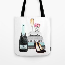 Champagne, Teal, books, shoes, peonies, Peony, Fashion illustration, Fashion, Amanda Greenwood, gift Tote Bag