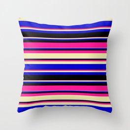 [ Thumbnail: Deep Pink, Pale Goldenrod, Blue, and Black Colored Striped/Lined Pattern Throw Pillow ]