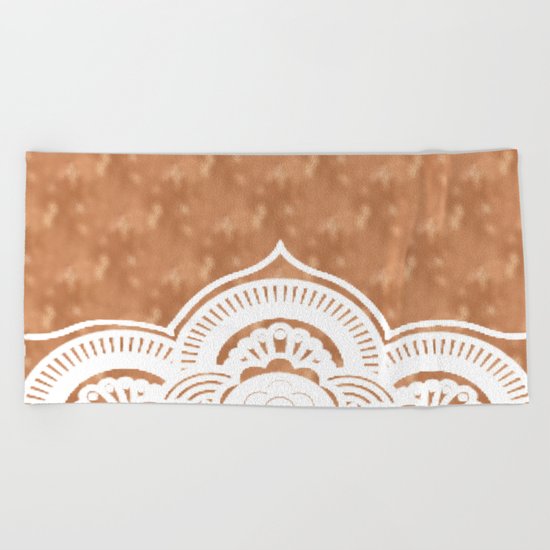 White mandala on copper Beach Towel