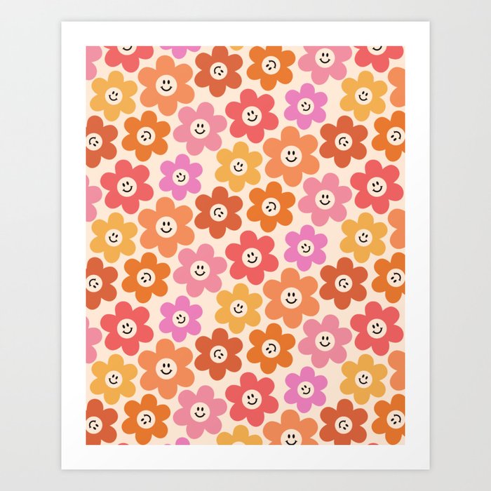 Retro Smiley Flowers Pattern Art Print