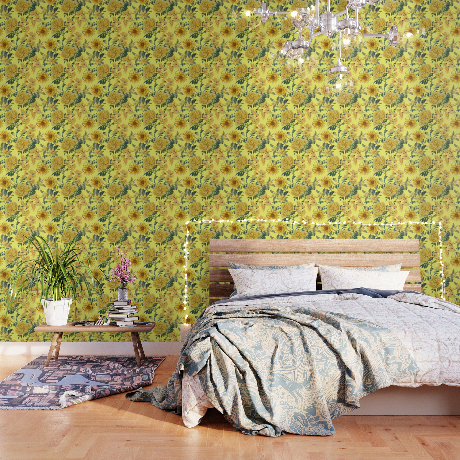 Vintage Shabby Chic Yellow Summer Flowers Wallpaper