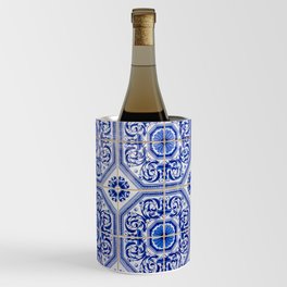 Close-up of blue and white ceramic wall tiles in Tavira, Portugal Wine Chiller