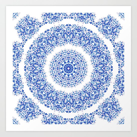 Blue White Floral Mandala Art Print