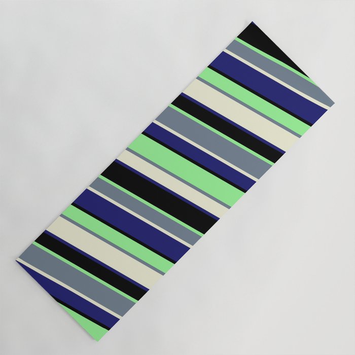 Vibrant Slate Gray, Beige, Midnight Blue, Black, and Green Colored Stripes/Lines Pattern Yoga Mat
