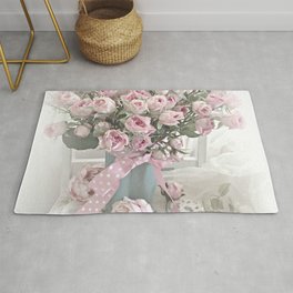 Pastel Roses In Vase - Shabby Chic Roses Pink Aqua Floral Print Home Decor Rug