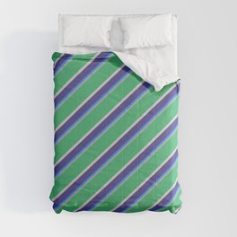 [ Thumbnail: Vibrant Dark Grey, Sea Green, Light Gray, Dark Slate Blue & Blue Colored Lines/Stripes Pattern Comforter ]