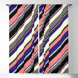 [ Thumbnail: Eye-catching Light Coral, Midnight Blue, Light Yellow, Dim Grey, and Black Colored Striped Pattern Blackout Curtain ]