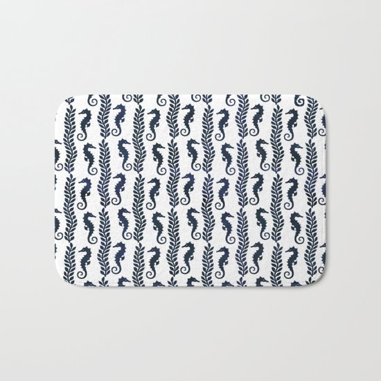 Navy blue and white maritime seahorse pattern Bath Mat