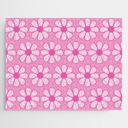 Cheerful Retro Daisy Floral Pattern in Preppy Pink Jigsaw Puzzle