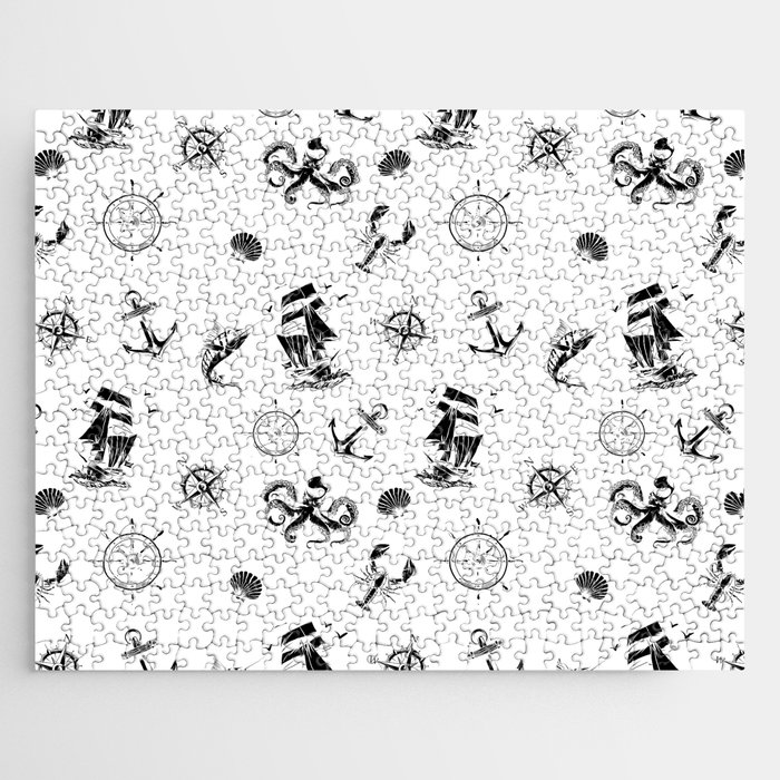 Black Silhouettes Of Vintage Nautical Pattern Jigsaw Puzzle