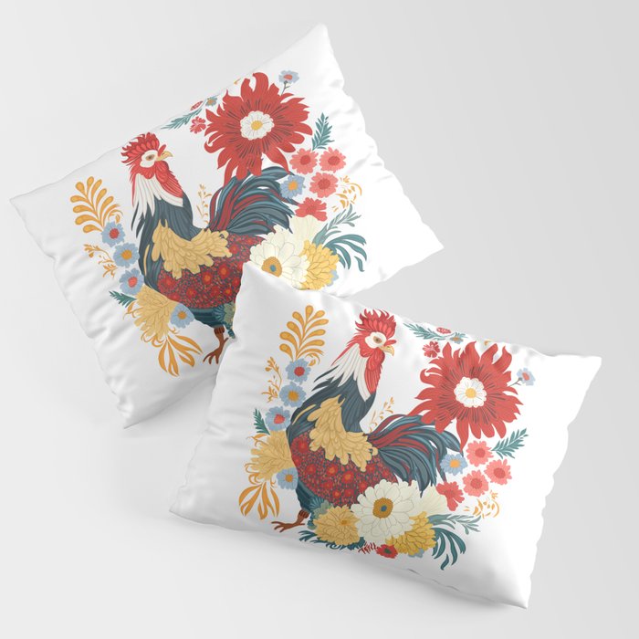 Folk Art Rooster Floral Pillow Sham