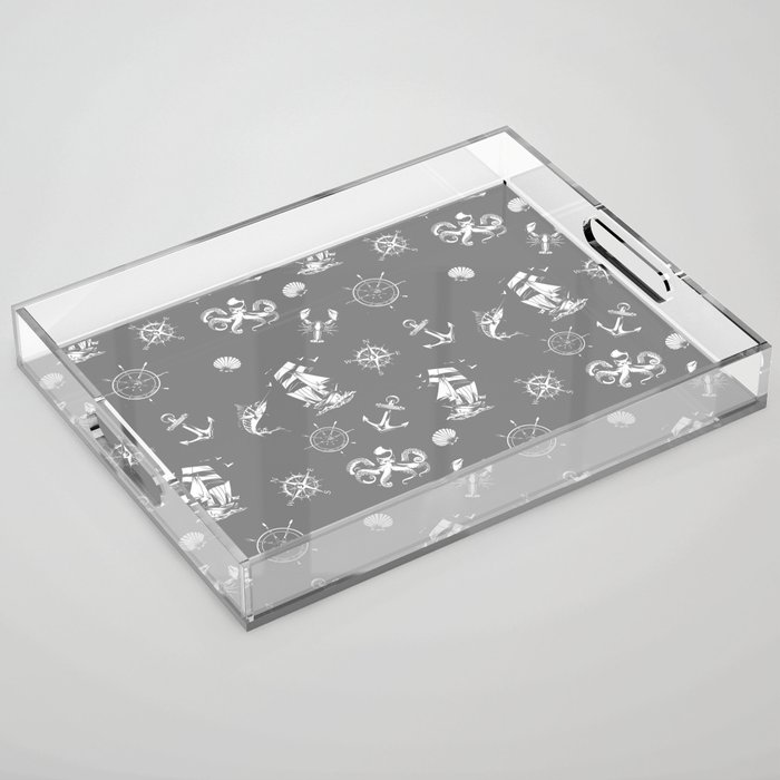 Grey And White Silhouettes Of Vintage Nautical Pattern Acrylic Tray
