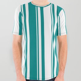 [ Thumbnail: White & Dark Cyan Colored Striped/Lined Pattern All Over Graphic Tee ]