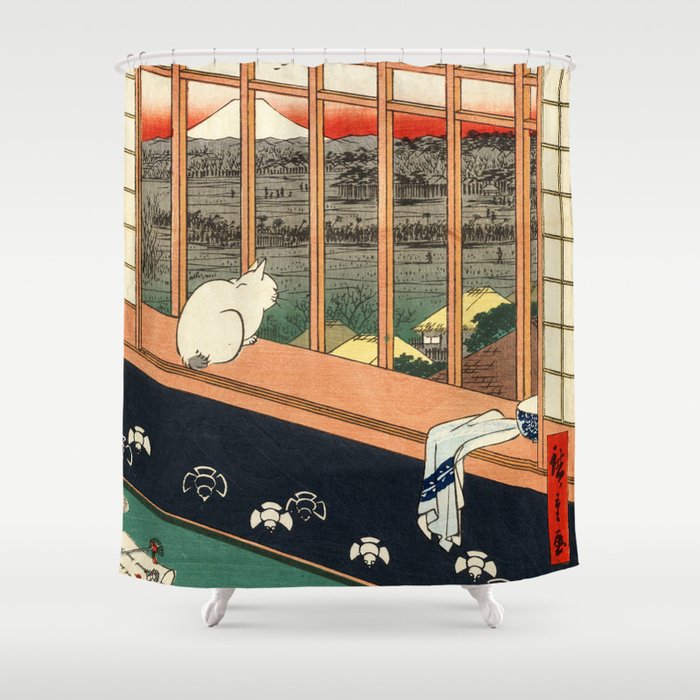Japanese Cat - Asakusa Ricefields and Torinomachi Festival Utagawa Hiroshige (1857) Shower Curtain