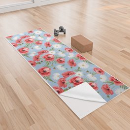 Daisy and Poppy Seamless Pattern on Pale Blue Background Yoga Towel