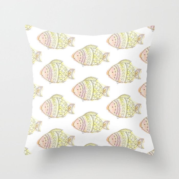 doodle fish watercolor  pattern Throw Pillow