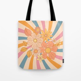 Retro Flowers, Yellow Pink and Blues 70s vibe Tote Bag