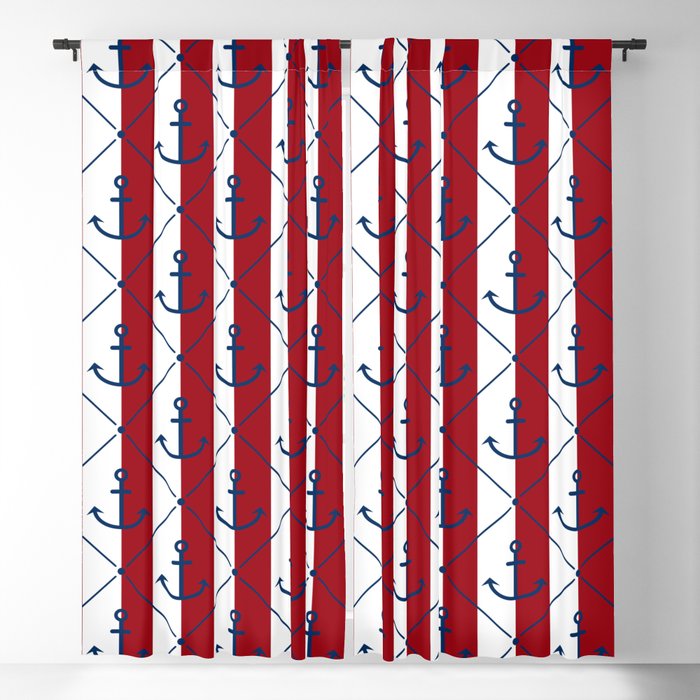 Navy Blue Anchor Pattern on White and Red Blackout Curtain