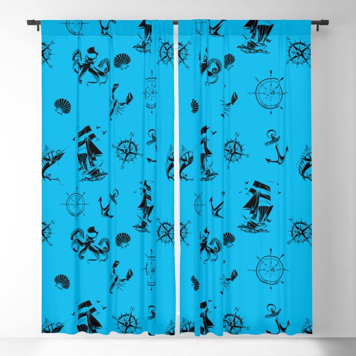 Turquoise And Black Silhouettes Of Vintage Nautical Pattern Blackout Curtain