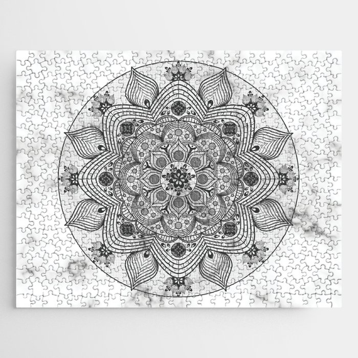Pretty Black Floral Mandala with Leaves and Flowers on White Marble Background Jigsaw Puzzle