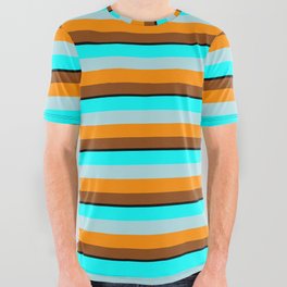 [ Thumbnail: Eyecatching Cyan, Powder Blue, Dark Orange, Brown, and Black Colored Striped Pattern All Over Graphic Tee ]