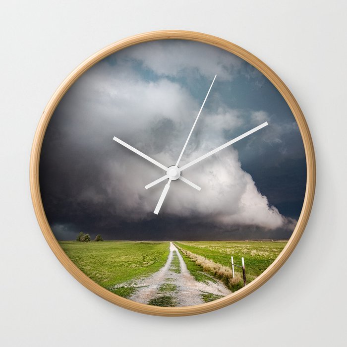 Low Clearance - Country Road Leads to Ground Scraping Storm Cloud on Spring Day in Oklahoma Wall Clock