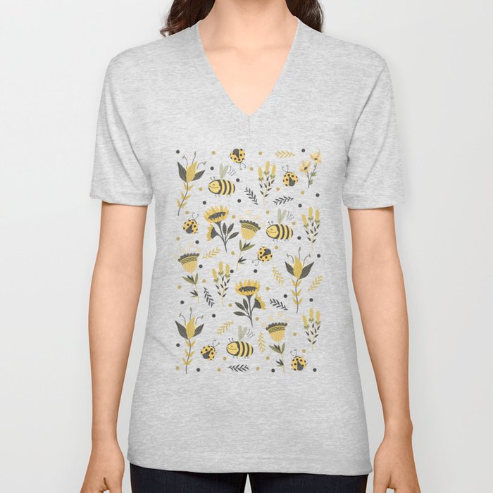 Bees and ladybugs. Gold and black V Neck T Shirt